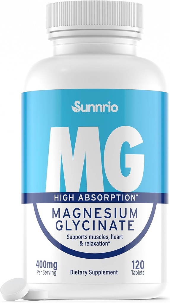 Magnezyum Glycinate Supplement - Servis başına 400 mg - Yüksek Absorpsiyon, Destekler Kas, Kalp Sağlığı, Uyku ve Rahatlama* - Non-GMO, Gluten-Free, Vegan-Friendly - 120 Tabletler