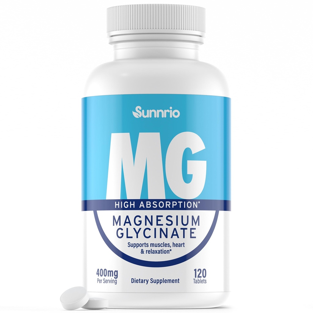 Magnezyum Glycinate Supplement - Servis başına 400 mg - Yüksek Absorpsiyon, Destekler Kas, Kalp Sağlığı, Uyku ve Rahatlama* - Non-GMO, Gluten-Free, Vegan-Friendly - 120 Tabletler