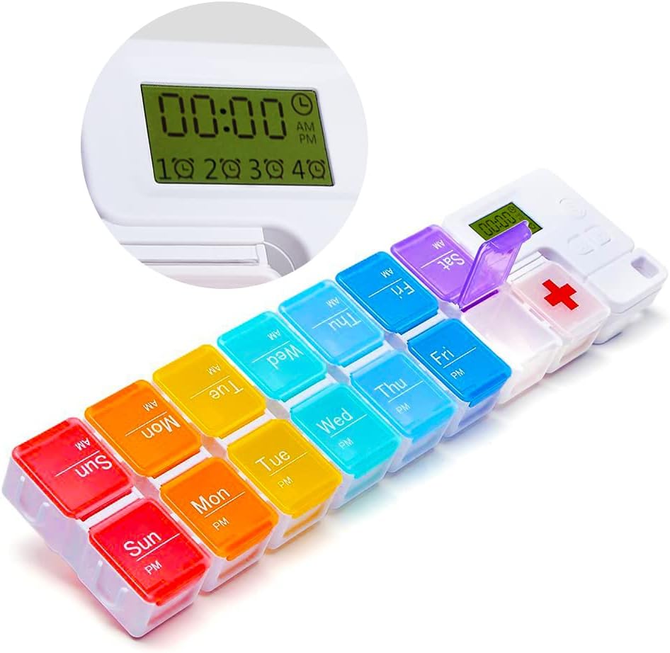 7 Günlük Tıp Pill Organizer, 4 Hatırlatıcı Alarmlar, Loud Sound, 14 Büyük Karşılaştırmalar, Büyük Ekran, Moisture-Proof, Travel Weekly/Daily Pill Box/Organizer/Case/Container/Dispenser, AM/PM 2 Times bir gün