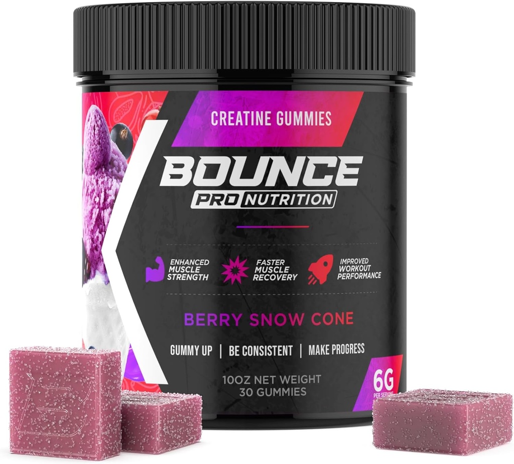 Bounce Pro Kretine Monohidrat Gummies for Men & Women, Low Calorie, 6G of Kretine per Service, Vegan, Anti-Melting, Gluten-Free, Non-GMO, 2g of Tinatine per Gummy (30ct, Berry Snow Cone)