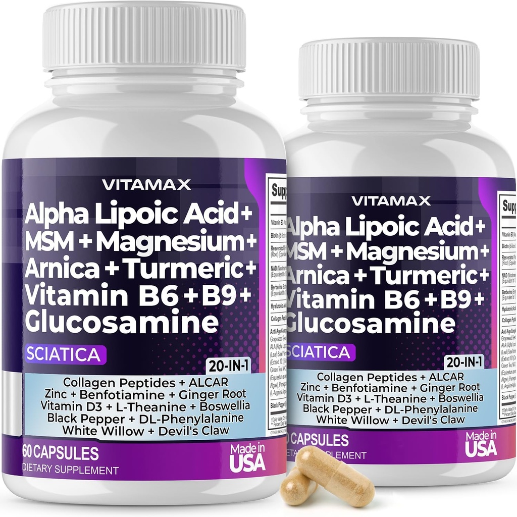 Sciatica Nerve Health Support - Sciatic Nerve Supplement Capses with Folic Acid, Pea, Glucosamine, MSM, Vitamin B Complex, Alpha Lipoic Acid 300mg - Made in USA (60 Count (Pack of 2))