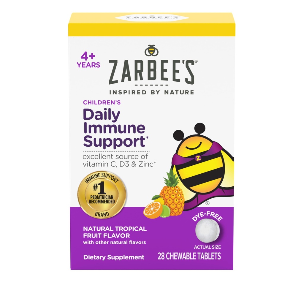 Zarbee's Kids Immune Support, Vitamin C, D & çinko Daily Immunity Vitamins for Children 4+ Years, Natural Tropikal Meyve Flavor, 28 Chewable Tabletler