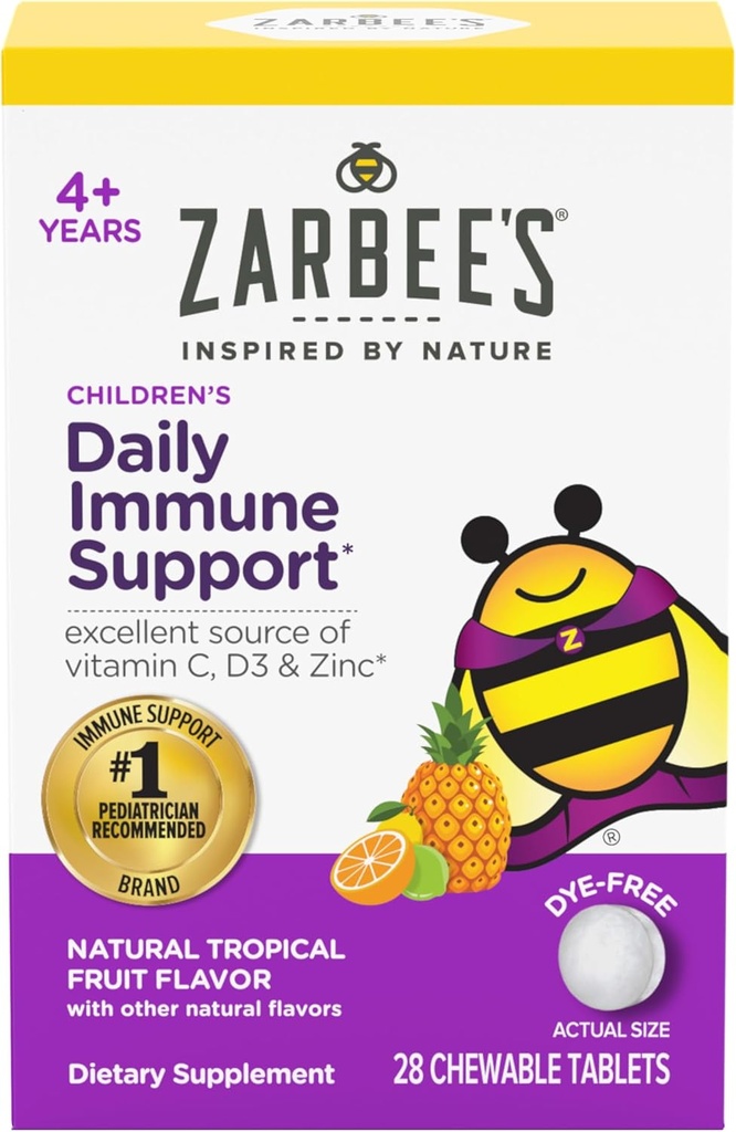 Zarbee's Kids Immune Support, Vitamin C, D & Zinc Daily Immunity Vitamins for Children 4+ Years, Natural Tropical Fruit Flavor, 28 Chewable Tablets