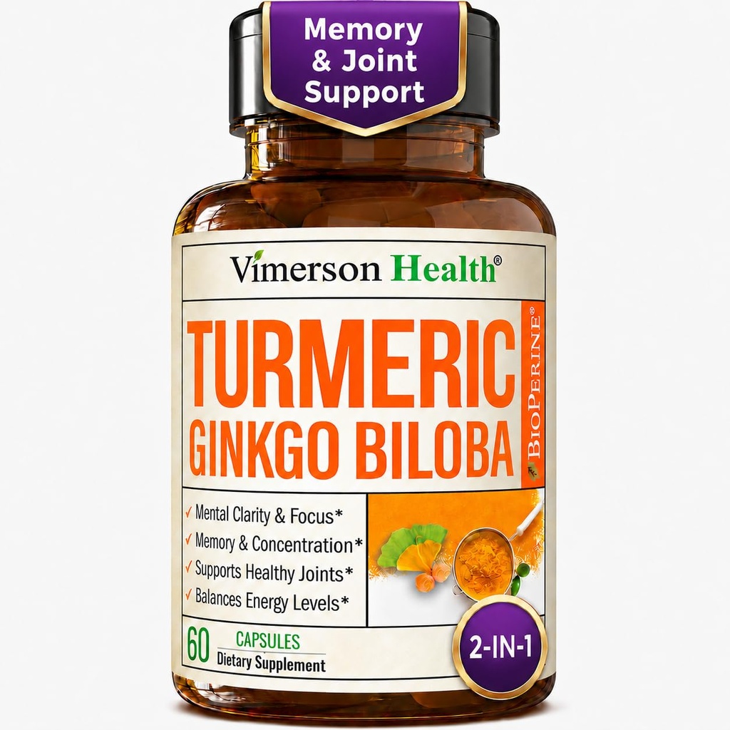 Ginkgo Biloba ve Turmeric Curcumin Supplement with Black Pepper & Organic Tumeric – Natural Turmeric Supplement for Focus, Memory, Joint & Brain Health – 60 Vegan Ginko Biloba Capsules with Curcuma