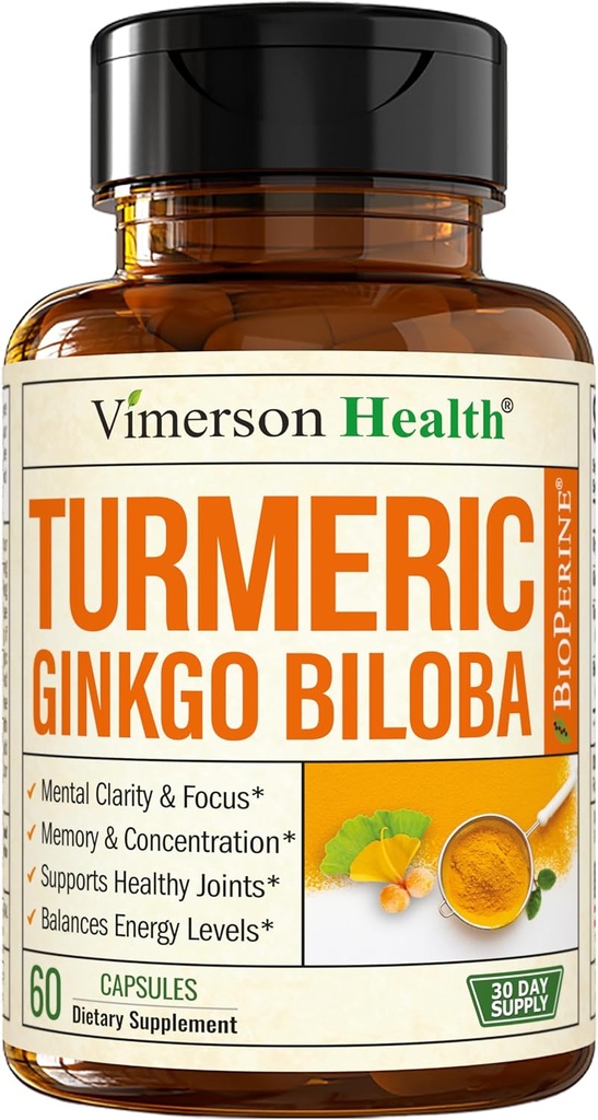 Ginkgo Biloba ve Turmeric Curcumin Supplement with Black Pepper & Organic Tumeric – Natural Turmeric Supplement for Focus, Memory, Joint & Brain Health – 60 Vegan Ginko Biloba Capsules with Curcuma