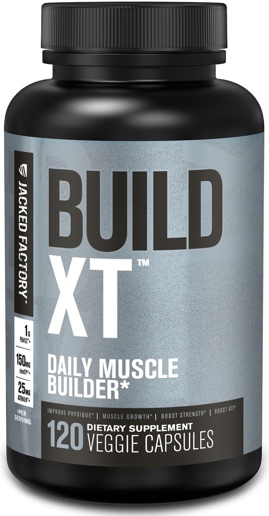 Jacked Factory Build-XT Daily Muscle Builder & Performance Supportr - Muscle Building Supplement for Muscular Strength & growth | Markalı Malzemeler Peak02, ElevATP, & Astragin - 120 Veggie Pills
