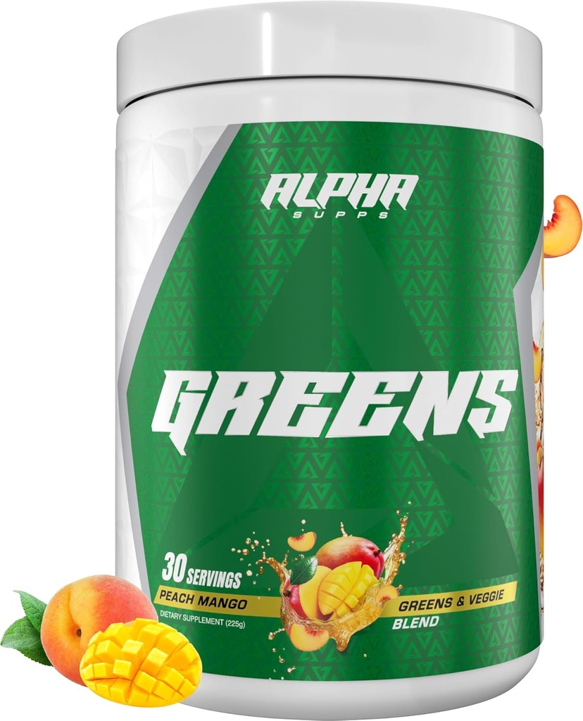 Alfa Supps - Alpha Greens Supplement | Meyve ve Sebze Superfood Toz | 40 Doğal Bitki Temel Malzemeler | Prebiyotik & Probiyotik Digestive Support Mix - 30 Hizmet (Peach Mango)