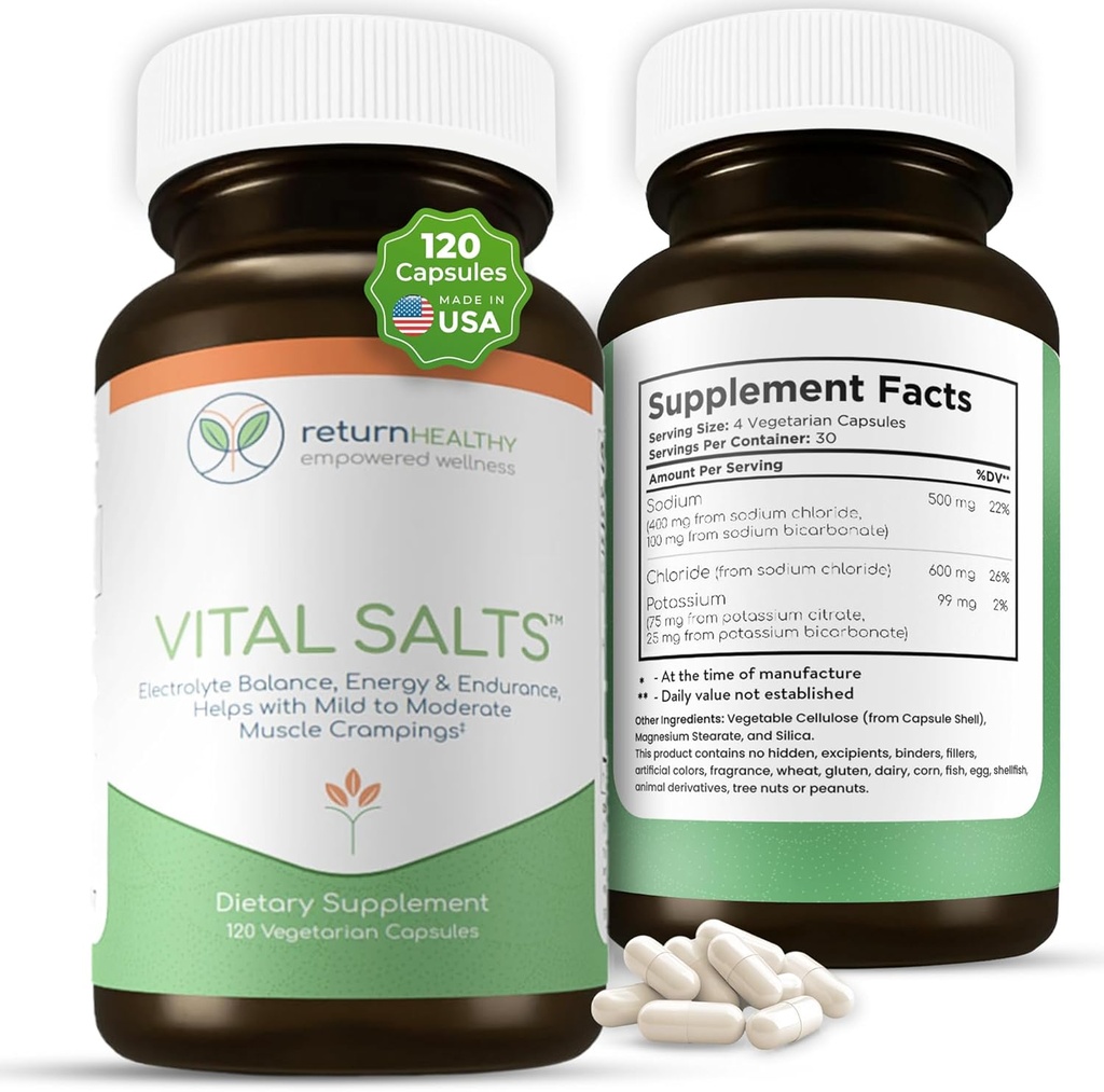 Vital Salts, Electrolyte Salts for Energy and Endurance, sodyum Chloride, Electrolyte Supplements, Blood Pressure Support Supplement, Muscle Cramps Relief, 120 Salt Capsules - Sağlıklı Geri Dönüş
