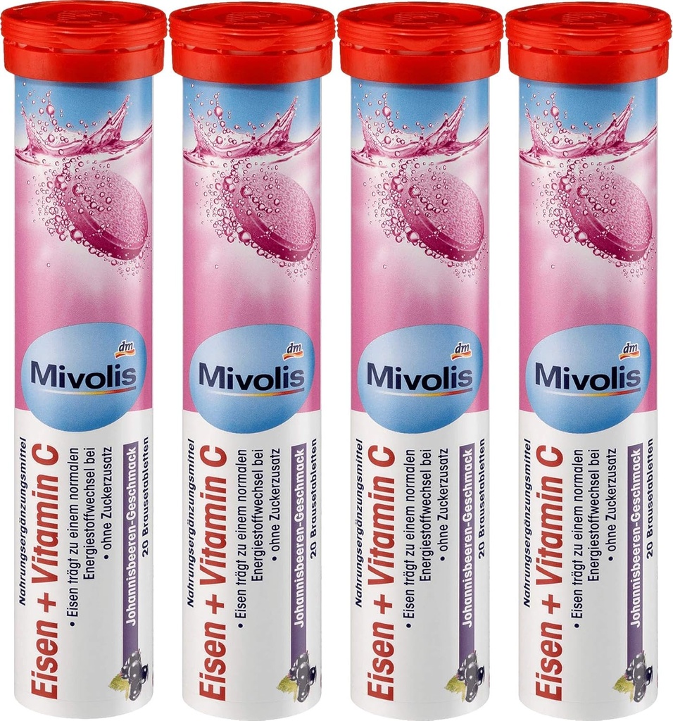 Mivolis Iron + Vitamin C effervescent Tabletleri - Diyet Supplements 4 Packs x 20 adet | Almanya