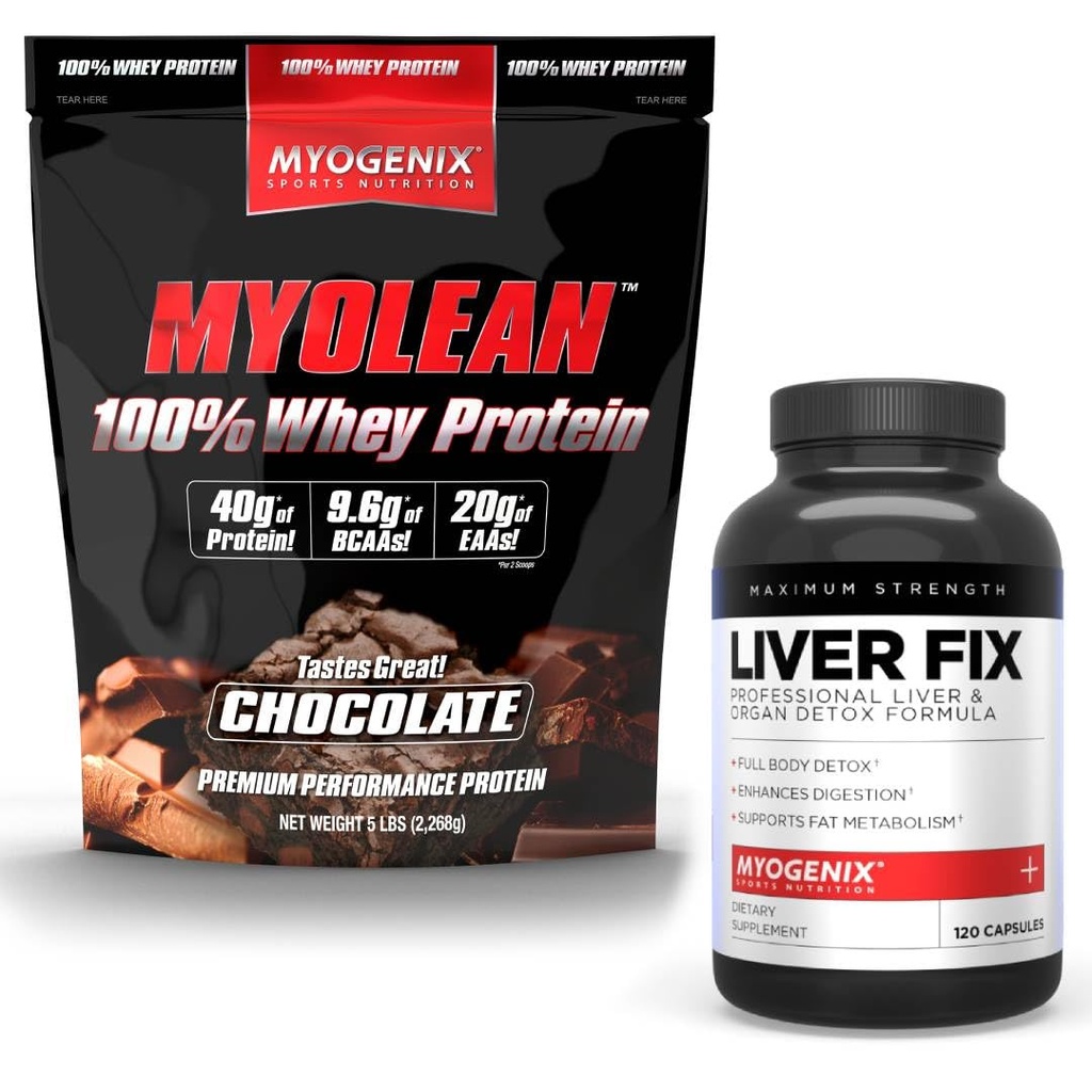 Myogenix συμπλήρωμα υποστήριξης ήπατος & Myolean Chocolate Whey Protein – Προηγμένη ηπατική υγεία & αποκατάσταση μυών με 40g υψηλής πρωτεΐνης Whey – υποστήριξη Detox, ανάπτυξη & απόδοση
