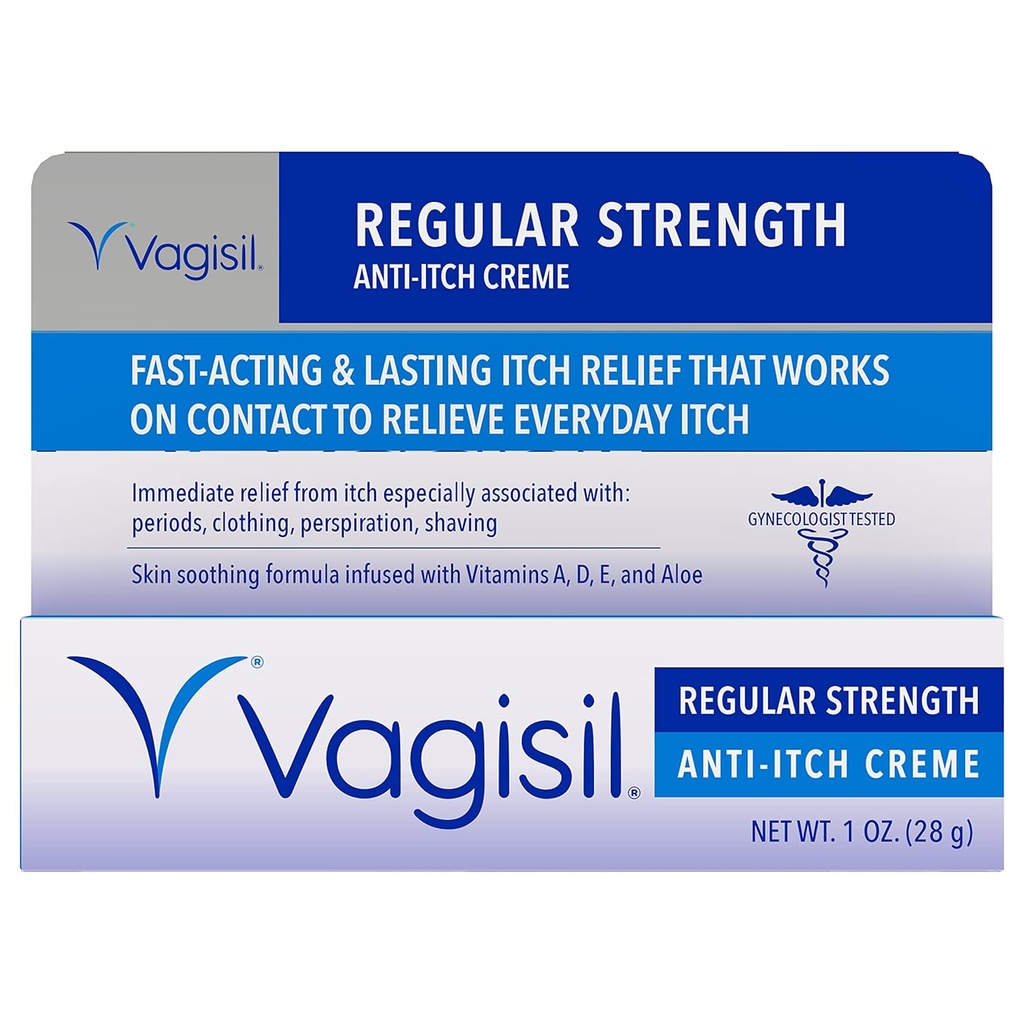 Vagisil Regular Strength Anti-Itch Feminine Cream for Women, Gynecologist Tested, Hipoallergenik, Hızlı Karşılama ve Uzun Süreli Itch Relief, Vaginal Moisturizer Soothes ve Cools, 1 oz (Polonya)