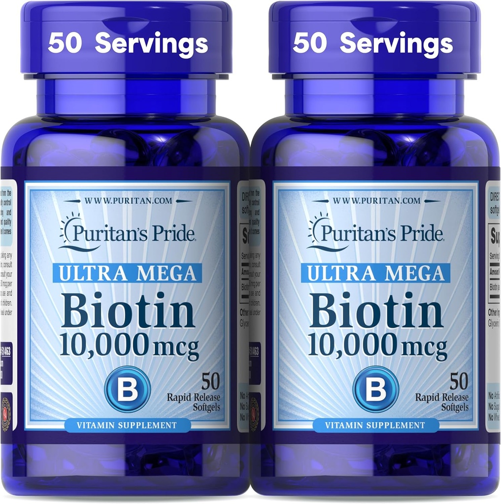 Puritan'ın Gurur Premium Ultra Mega Biotin 10.000 Telefon, Sağlıklı Saç, Cilt, Çiçeği ve Enerji Metabolism Desteği, 100 Day Supply, 50 Hızlı Yayın Softgels, 2 Pack