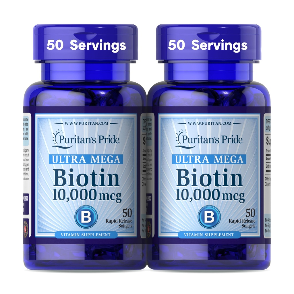 Puritan'ın Gurur Premium Ultra Mega Biotin 10.000 Telefon, Sağlıklı Saç, Cilt, Çiçeği ve Enerji Metabolism Desteği, 100 Day Supply, 50 Hızlı Yayın Softgels, 2 Pack