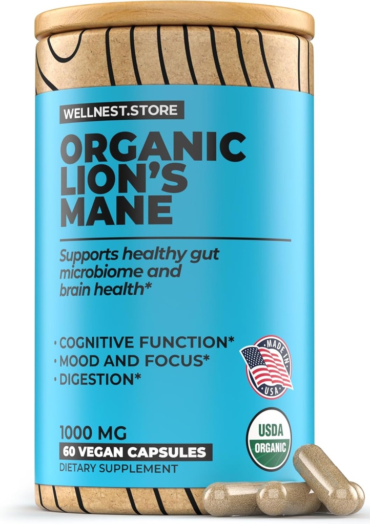 Lions Mane Mushroom Organic Supplement (Hericium Extract) 60 Veggie Caps - Immune Support Supplement; Bilişsel Fonksiyonl + Vitality'yi Geliştirmek, Nerve Hücrelerini Korumak