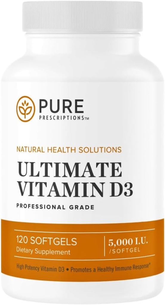 Pure Prescriptions Ultimate Vitamin D3-5,000 IU - Συμπλήρωμα βιταμίνης D υψηλής απορρόφησης για την προώθηση υγιεινών οστών με ανοσοποιητικό σύστημα & καρδιοαγγειακή υποστήριξη - 120 Softgels - USA Made