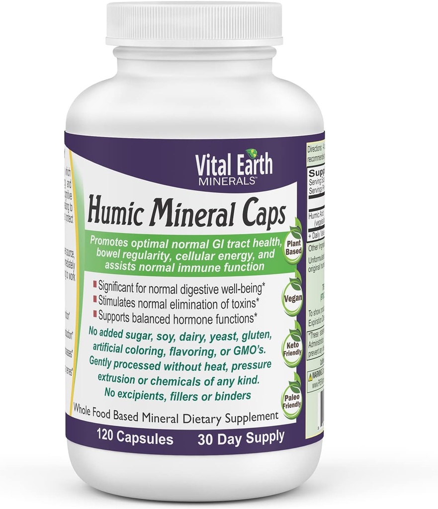 Vital Earth Minerals Humic Minerals Κάψουλες - 70+ Trace Minerals with Natural Occurring Fulvic Acid, Alkalising Mineral Supplement for Detox, Gut Health, Wellness, 120 Count