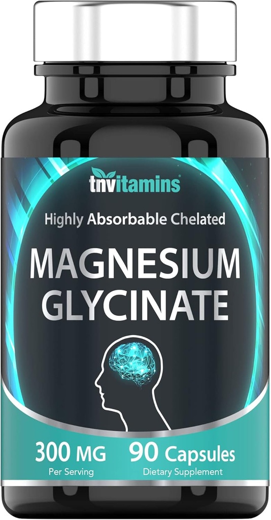 tnvitamins Magnezyum Glycinate Capsules (300 MG Per Servis - 90 Kont) | Pure Chelated Magnezyum Bisglycinate Toz Supplement | Glicinato de Magnesio | Sleep, Calm, Nerve, & Stres Desteği *
