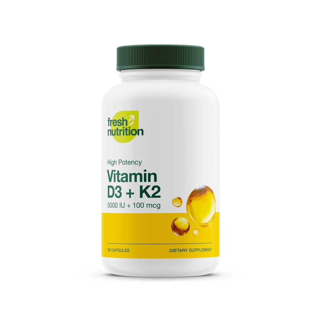 Taze Beslenme Vegan D3 + K2 Capsules - 5000 IU D3 + 100mcg K2 Optimal Aborpsiyon için MK-7 - Immune Health, Bone Health, Mood - Non GMO - 90 Capsules, 3 Ay Supply