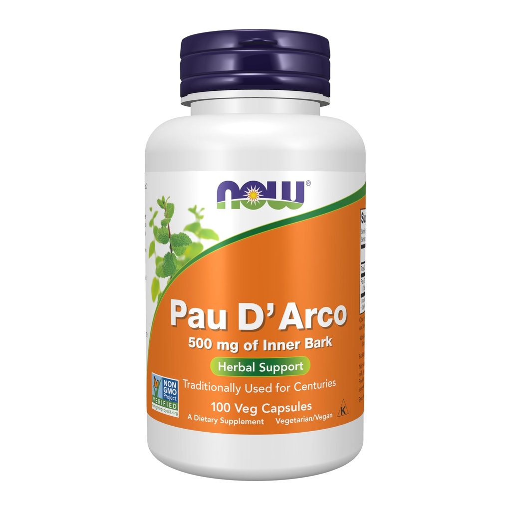 NOW Συμπληρώματα Τροφίμων, Pau D'Arco (Tabebuia heptaphylla) 500 mg, Βότανο Υποστήριξη, 100 κάψουλες Veg