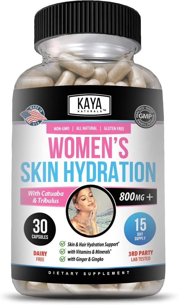 Kaya Naturals Δερματικές Ενυδατικές Βιταμίνες - Γυναικεία Χάπια - Καψάκια Ενισχυτής Δέρματος - Ενισχυτής Υδμάτωσης για τις γυναίκες - Προάγει Αυξημένη Ενέργεια, Mood & Stamina - Μείωση της ξηρότητας - 30 Κάψουλες Veggie