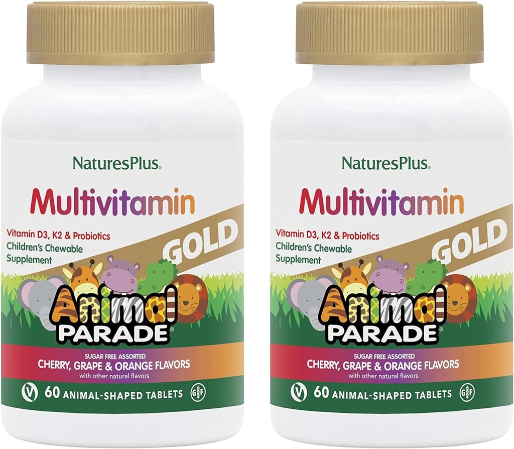 NaturesPlus Animal Parade Gold Children's Multivitamin - Assorted Cherry, Orange & Grape Flavors - 60 Chewable Tabletler, 2 Paket - Vejetaryen, Gluten Free - 60 Toplam Hizmetler