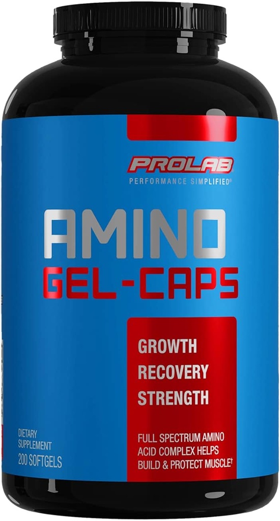Prolab Amino Gel-Caps Essential Amino Acids Supplement, Υψηλής ισχύος, Easy-to-Swallow Caps (200 Softgels)