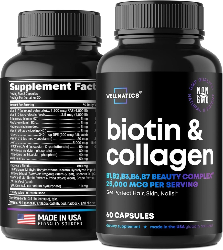 Biotin ve Collagen Supplements - Saç Büyüme Vitaminleri - ABD'de yapıldı - Kadınlar için Saç ve Çığ Vitaminleri - Saç Cilt ve Çıbbi Vitaminleri - B Kompleksi - Hyaluronic Asit - 60 Caps