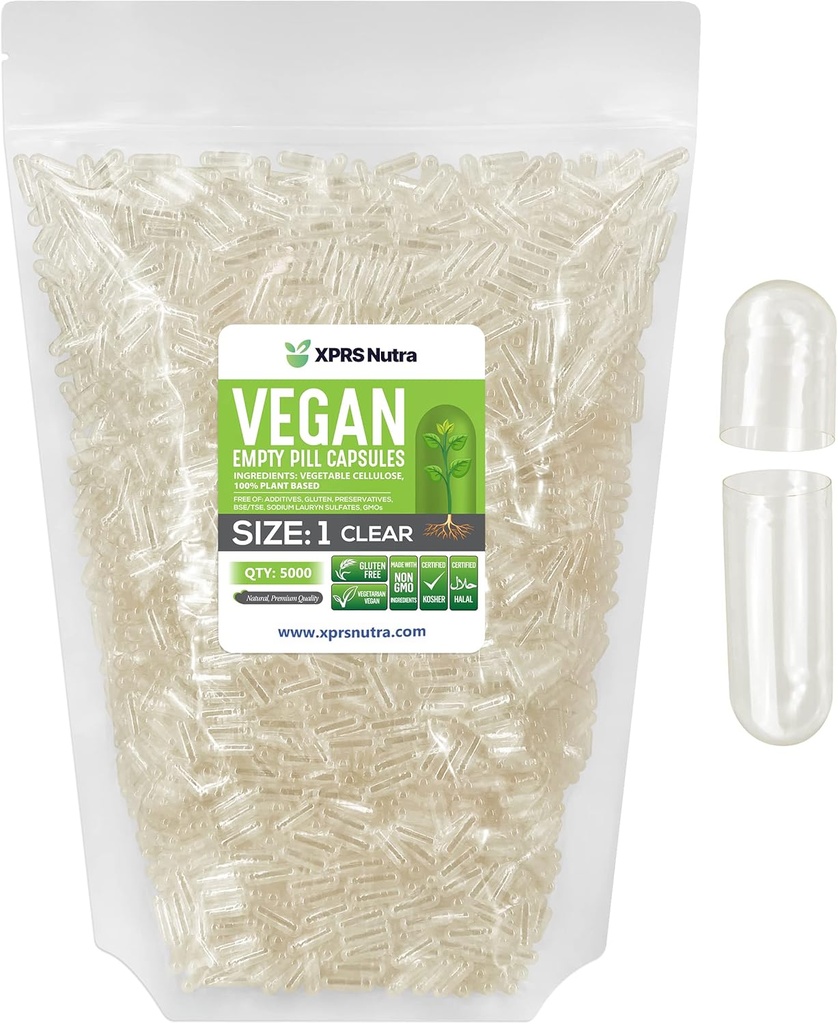 XPRS Nutra Boyutu 1 Boş Kapsüller - 5000 Kont Clear Boş Vegan Capsules - Vejetaryen Pills - DIY Sebze Kapsülü - Veggie Pill Caps For Do-It- Yourself Supplements