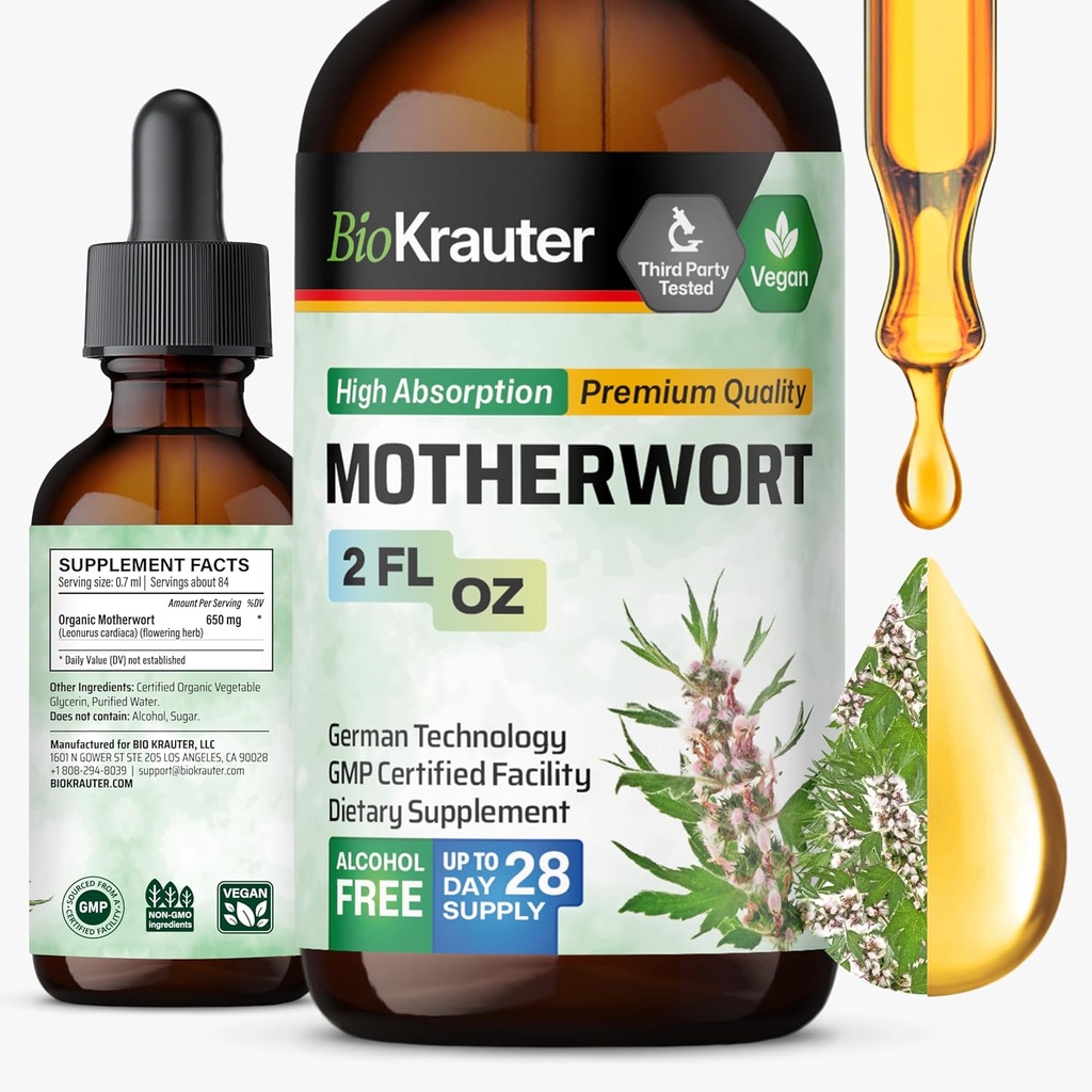 BIO KRAUTER Motherwort Tincture - Motherwort Herbal Extract - Υγρό Συμπλήρωμα για την Υγεία των Γυναικών - Προώθηση της Ηρεμίας - Αλκοόλ & Χωρίς Ζάχαρη - Vegan Drops 2 Fl.Oz.