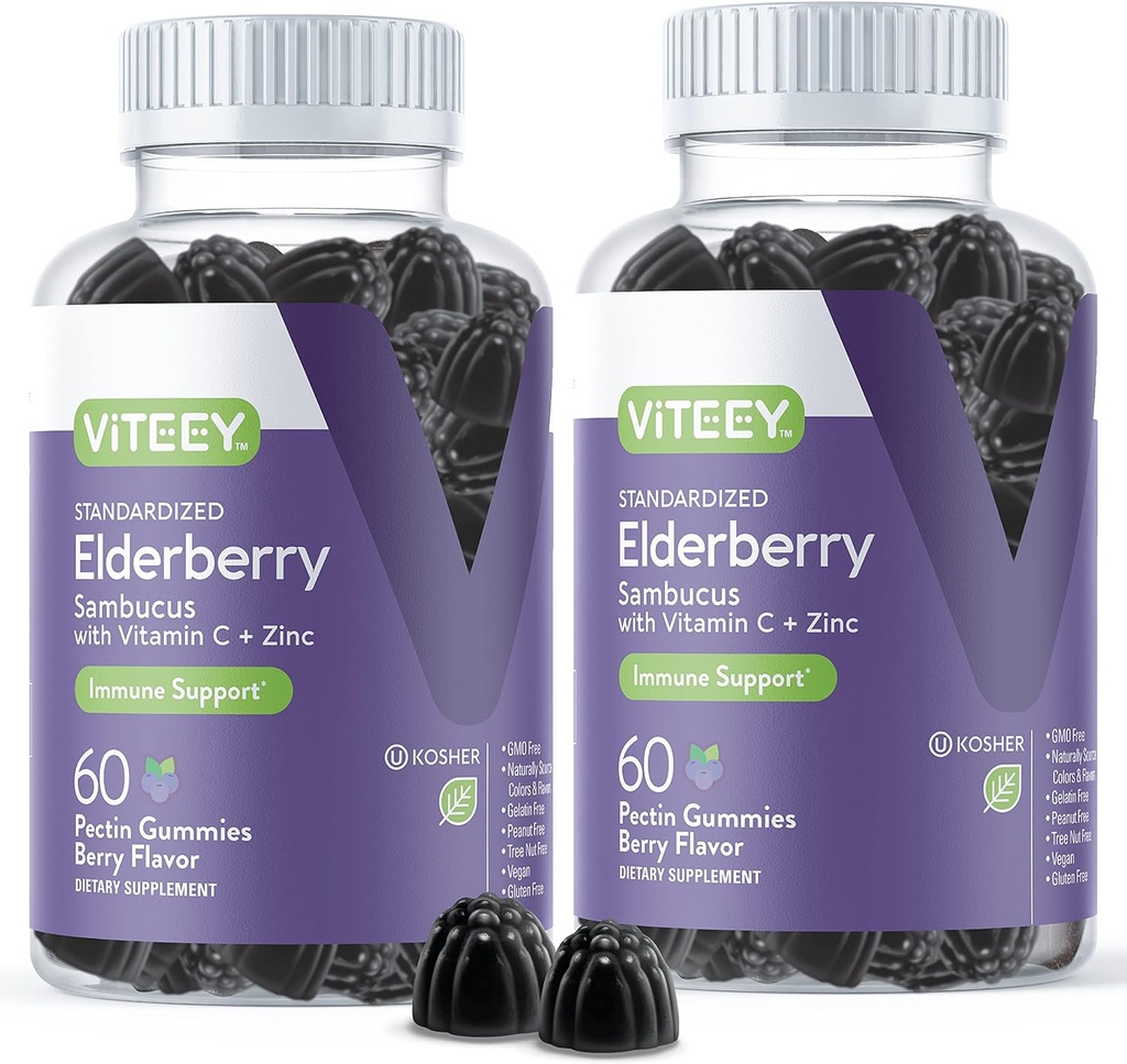 Viteey Sambucus Gummies Elderberry για ενήλικες – Elderberry Vitamin C και ψευδάργυρος Ανοσία Gummies - Vegan, χωρίς γλουτένη – 120 Count