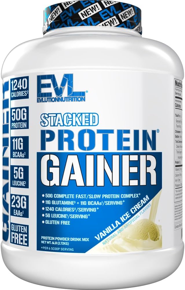 Evlution Nutrition Stacked Protein Winer, 50 Grams Whey Protein Toz Kompleksi, 251 Grams Carbohidratlar, Kas, Recovery, Post Workout, Gluten-Free (Vanilla Ice Cream, 6 LB)