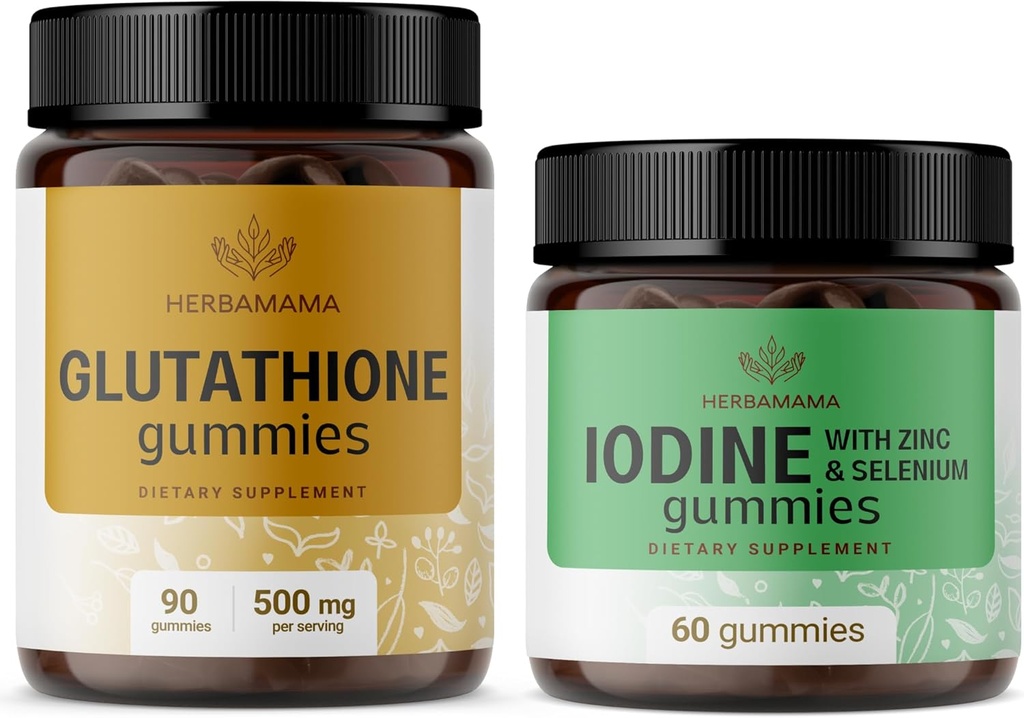 HERBAMAMA Glutathione ve Iodine Kit - 500 mg Grafik L-Glutathione & Pyumine Gummies - Vegan, Non-GMO, Gelatin-Free - 2 Pack