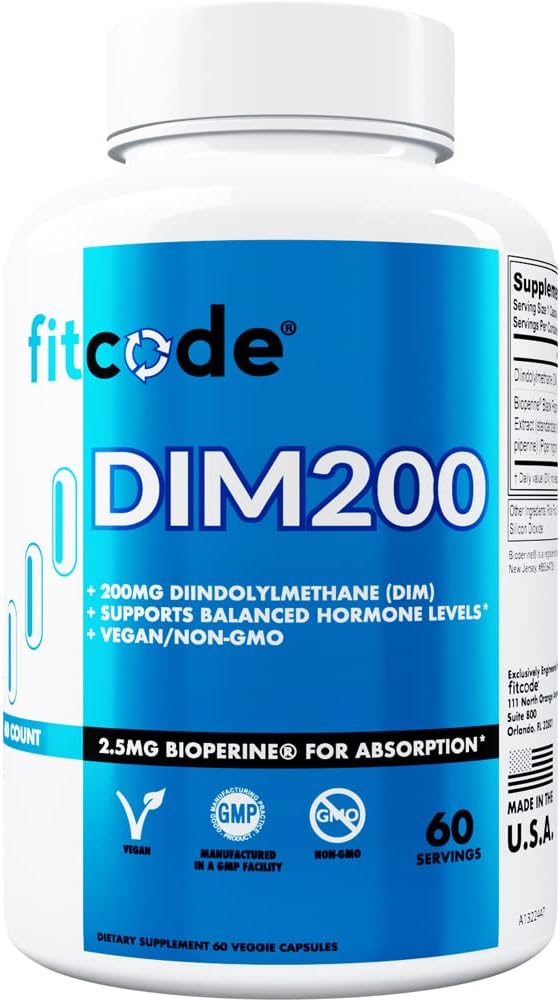 Fitcode Diindolylmethane DIM Supplement for Men - Advanced Dim 200mg with Dim plus Bioperine for Enhanced Absorpition - Vegan Non-GMO Hormone Balance Supplement for Enhanced Energy Mood and Performance