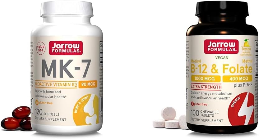 Jarrow Formulas MK7, Bone Health, 90 mcg, 120 Softgels & Ekstra Güçlü Me-12 1000 mcg & Metil Folate 400 mcg + P-5-P, Diyetary