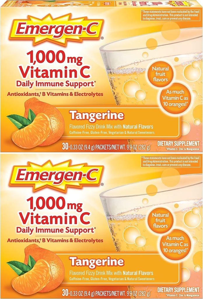 Emergen-C 1000mg σκόνη βιταμίνης C, με αντιοξειδωτικά, βιταμίνες Β και ηλεκτρολυτικά, συμπληρώματα βιταμίνης C για την ανοσοποιητική υποστήριξη, χωρίς καφεΐνη μείγμα ποτών, Tangerine άρωμα - 60 Count/2 Μήνας προσφοράς