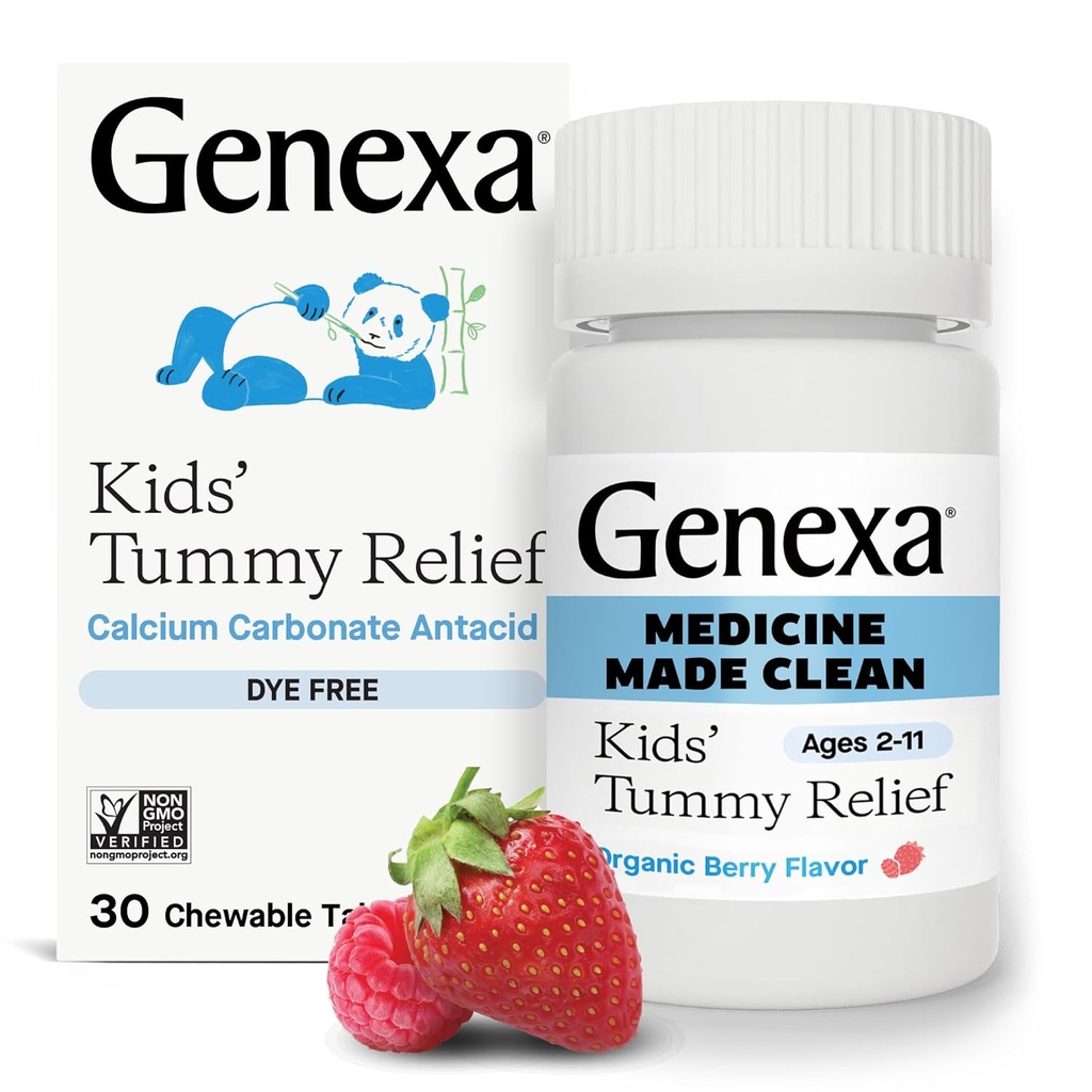 Genexa Kids’ Clean Dye Free Tummy Relief | Heartburn, Acid Indigestion, Sour Stomach Chewable Antacid | 0% Artificial Additives, Children’s Calcium Carbonate, Organic Berry Flavor, 30ct