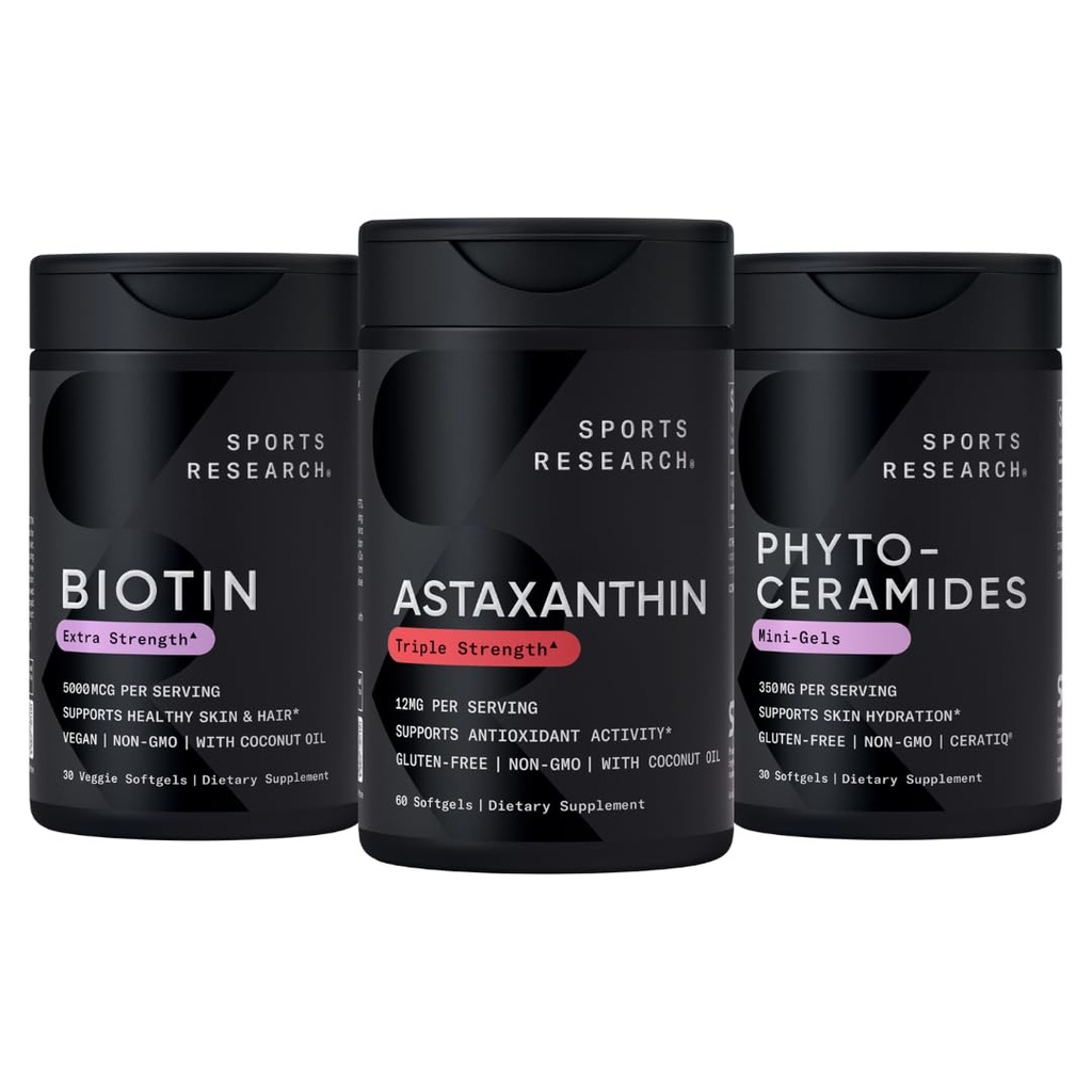 Spor Araştırmaları Vegan Biotin 10.00063 with Coconut Oil, Triple Strength Astaxanthin 12mg with Organic Coconut Oil & Phytoceramids 350 mg per Softgel