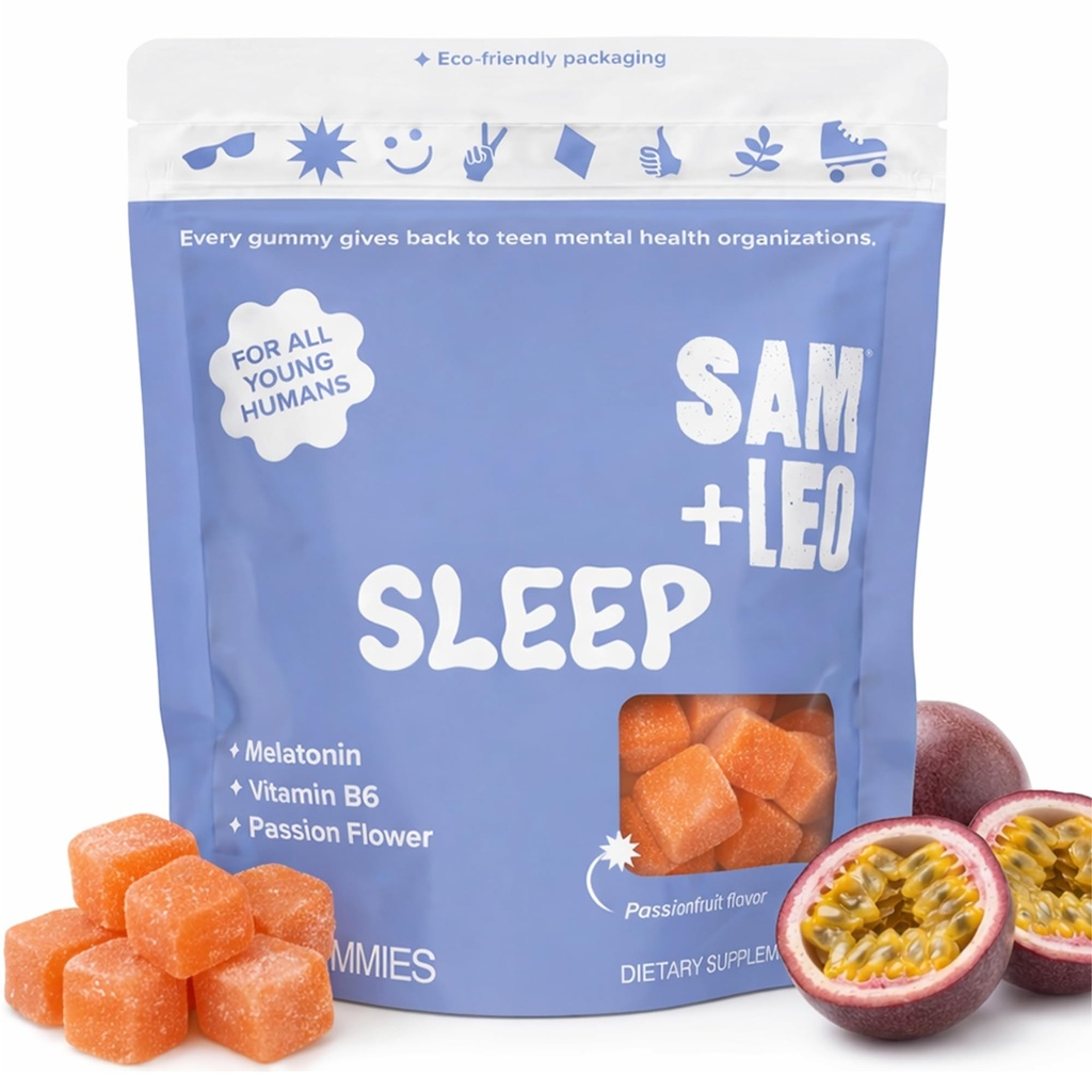 SAM+LEO Sleep - Passionflower, B6 & Melatonin Gummies for Kids &Young - All Natural & Vegan Relaxation & Sleep Gummies for Kids - Passion Fruit Flavor - 60/ct