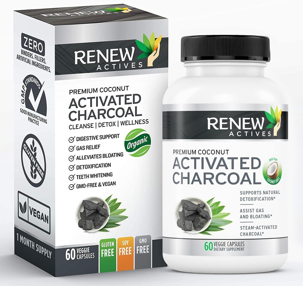 Yeni Actives aktif Charcoal Supplement 1100MG 2 Capsules - Digestive Support & Teeth Whitening Formula, No Yapay Malzemeler - Kanada'da Yapıldı - 60 Capsules
