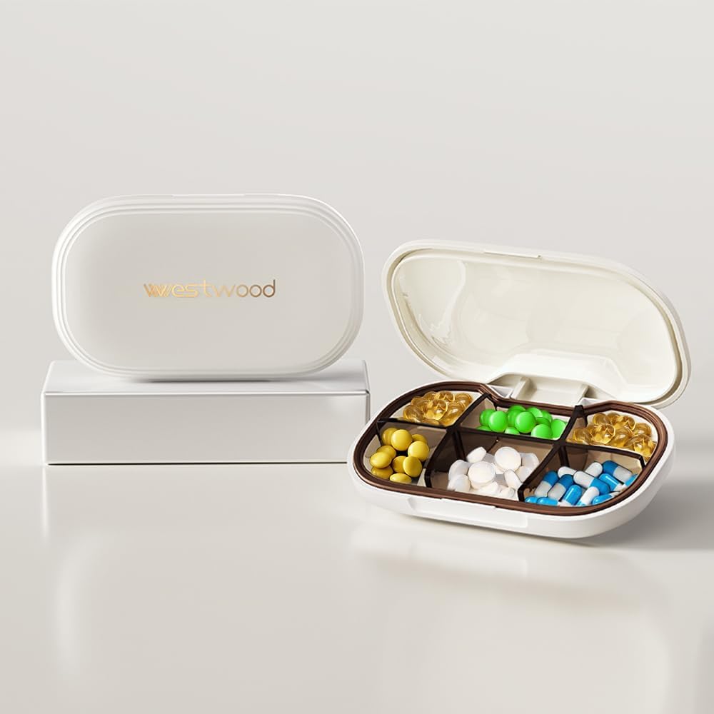Küçük Pill, Purse için 6 Karşılaştırma, Delicate Daily Pill Box ile durumu, Pill Organize Pill Konteyner Pillu Vitaminler, Fish Oil, Supplements and Drugs (Beyaz)