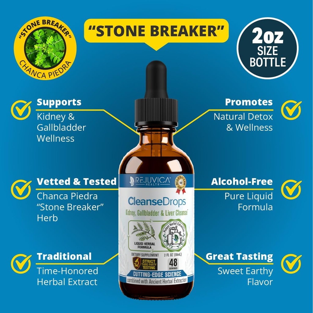 Rejuvica Health Cleanse Drops - Advanced Kidney & Gallbladder Cleanse Support Supplement - Daha İyi Aborpsiyon için Sıvı Teslimat - Amazon Rainforest'te Kullanılan Chanca Piedra