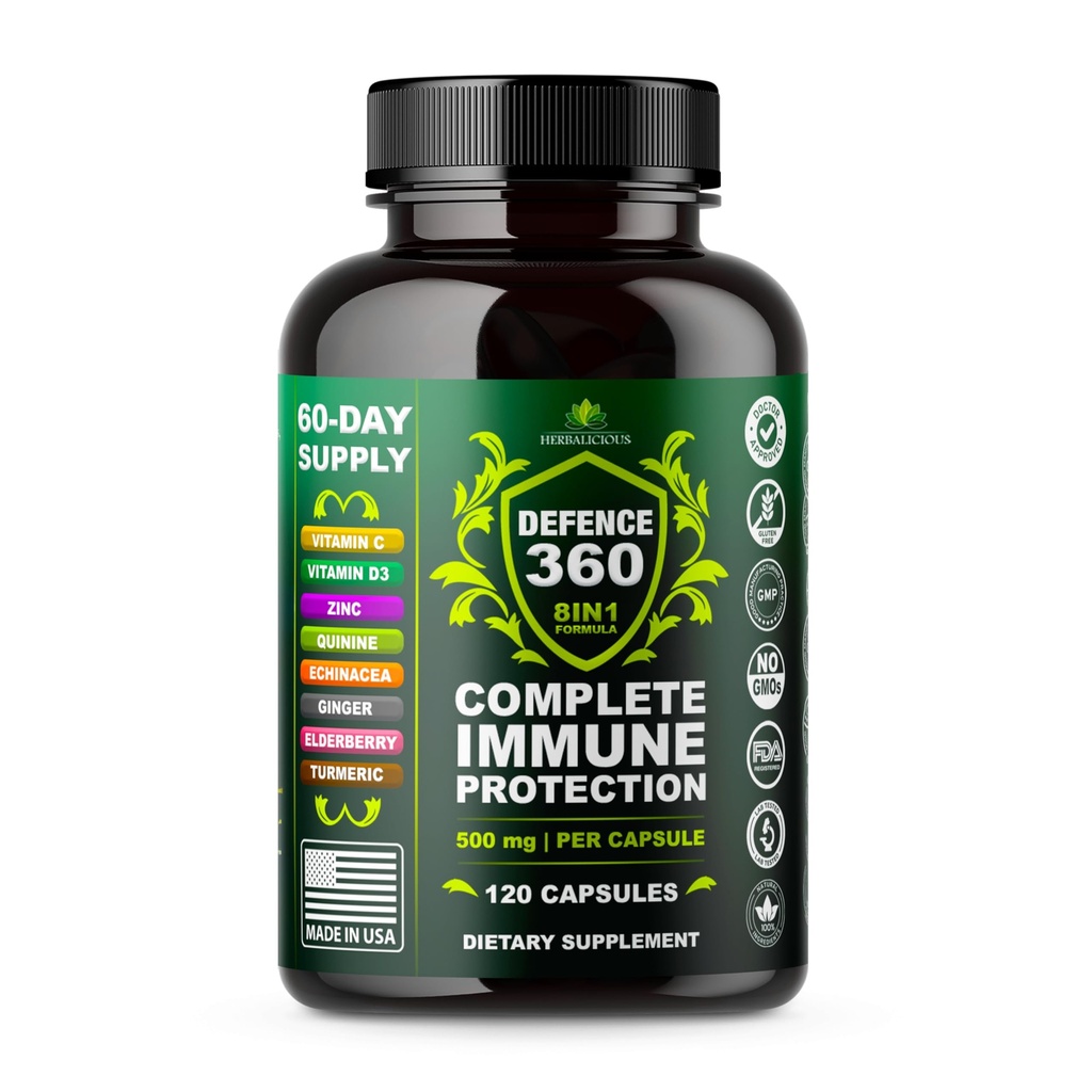 Defence360 Immune Support 8-in-1 συμπλήρωμα με βιταμίνη C, D3, ψευδάργυρο, Elderberry, Echinacea, Turmeric, Ginger & Quinine, Immune Protection, Energy and Vigor, Brain Boost, Stress Relief (120 κάψουλες)