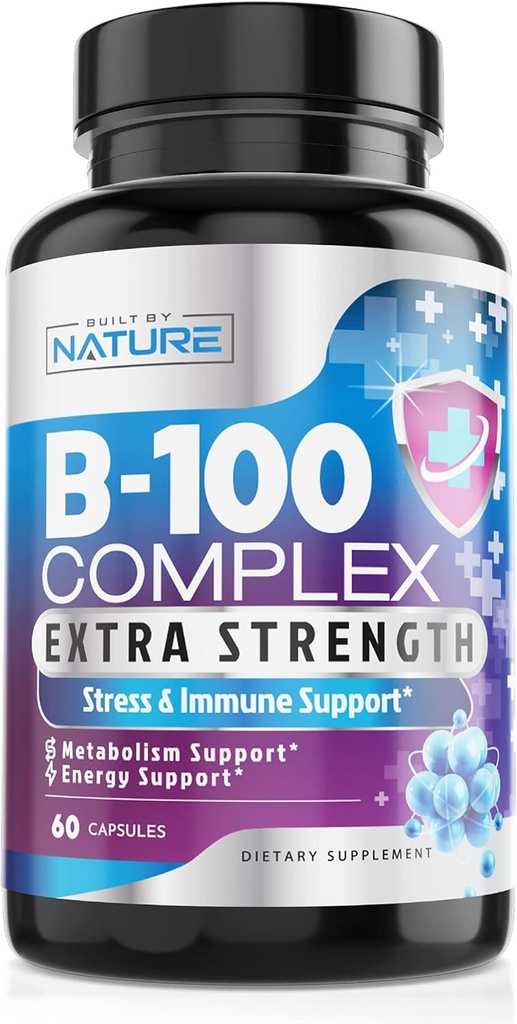B Kompleks - Tüm B Vitaminleri B1, B2, B3, B5, B6, B7, B9, B12, Folic Asit, C - Super B-100 Supplement - Immune, Enerji & Metabolism Desteği, Vegan, Non-GMO, Gluten Free, 60 Capsules