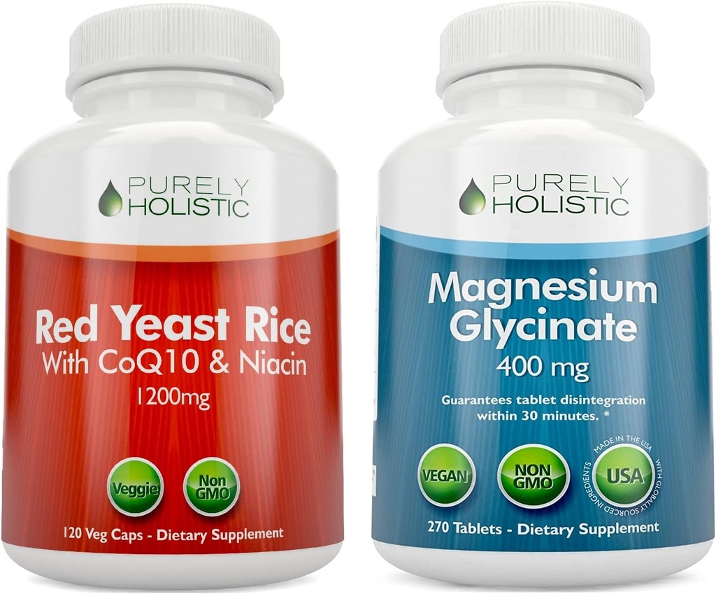 Purely Holistic Red Yeast Rice, CoQ10 & Niacin + Magnezyum Glycinate 400 mg - 120 Capsules + 270 Tabletler - ABD'de Made in USA