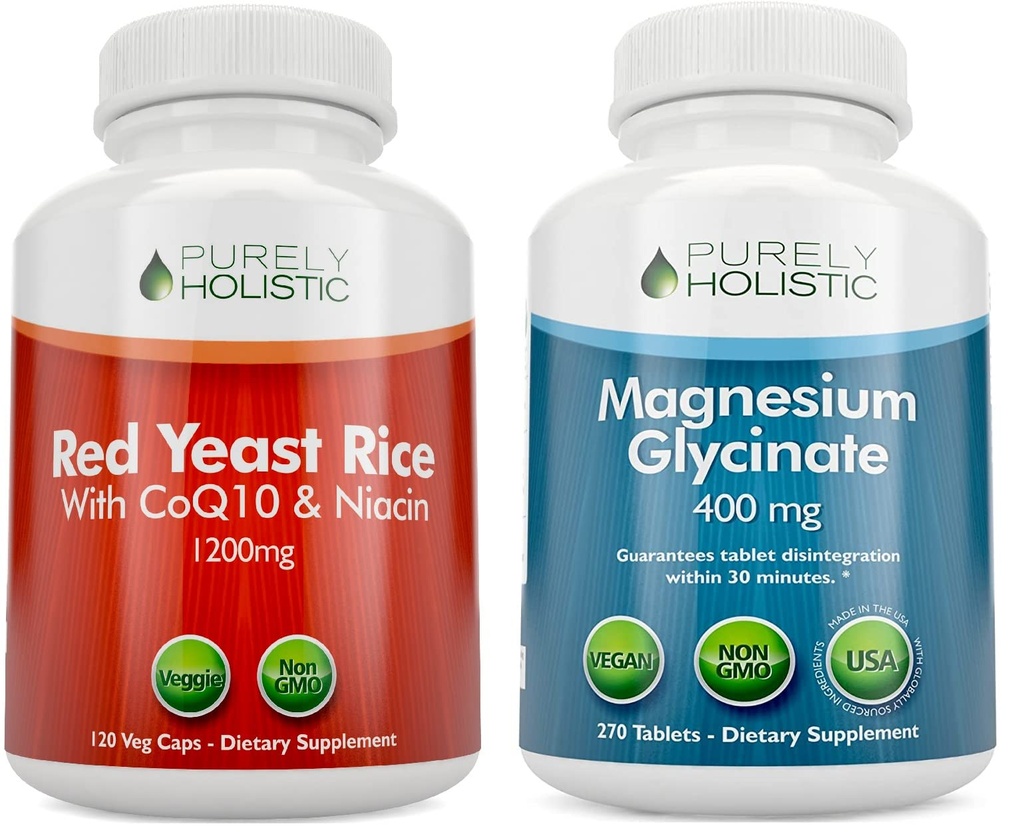 Purely Holistic Red Yeast Rice, CoQ10 & Niacin + Magnezyum Glycinate 400 mg - 120 Capsules + 270 Tabletler - ABD'de Made in USA