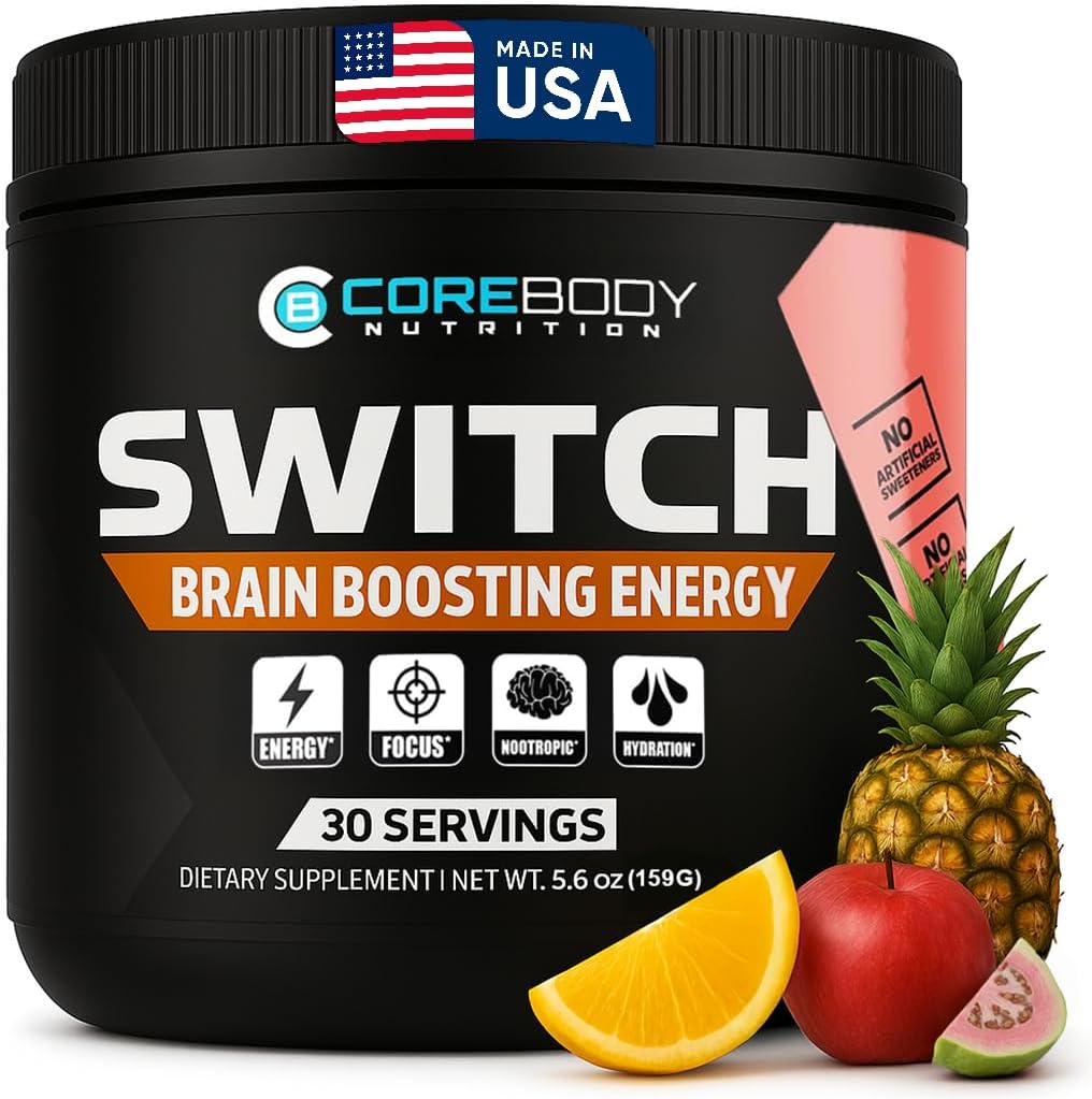 CoreBody Switch Energy Drink Mix -Nootropics Brain Support Supplement for Memory & Focus, Sugar Free Energy Branson with Nootropics, Alpha GPC, All Day Focus* (Tropical Punch)