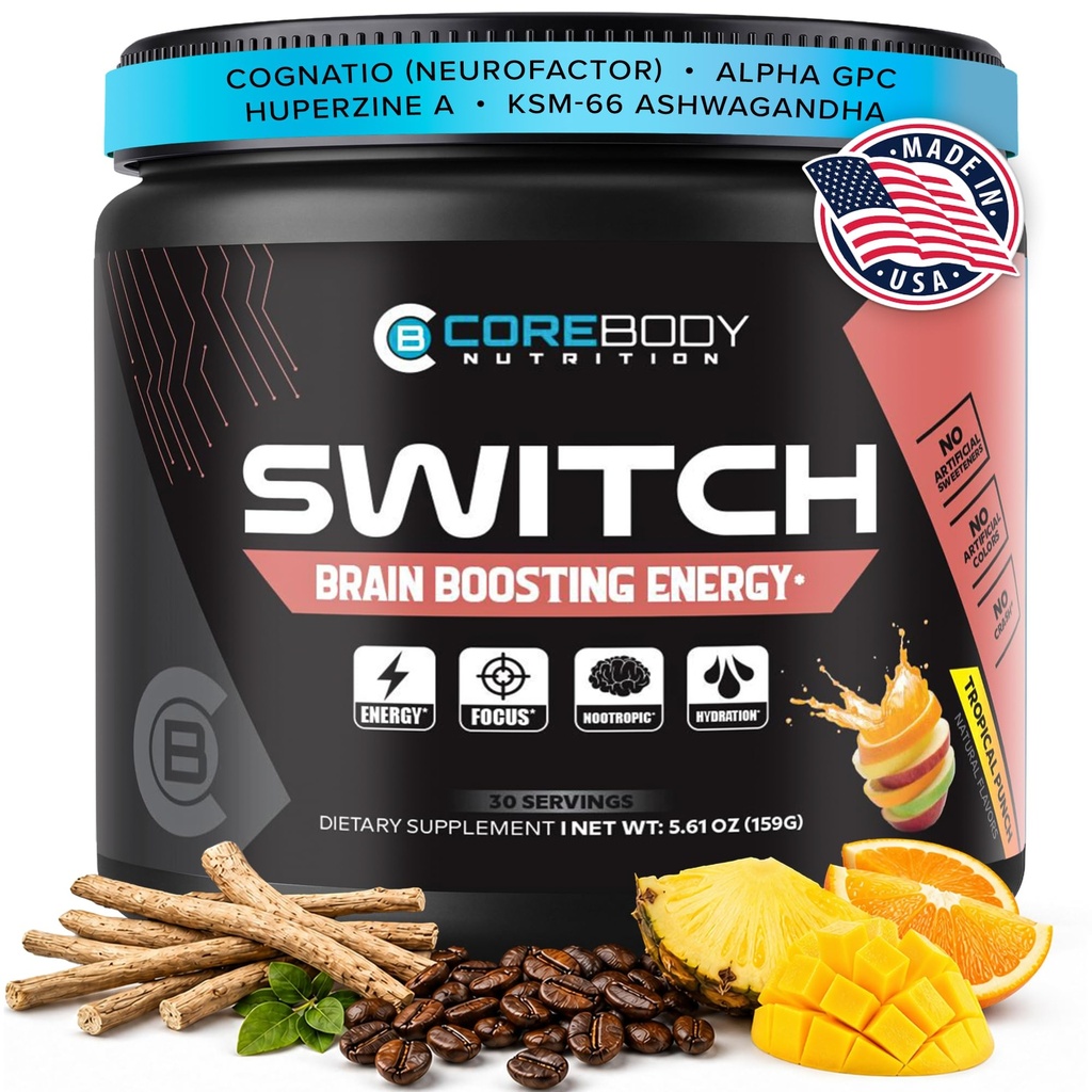 CoreBody Switch Energy Drink Mix -Nootropics Brain Support Supplement for Memory & Focus, Sugar Free Energy Branson with Nootropics, Alpha GPC, All Day Focus* (Tropical Punch)