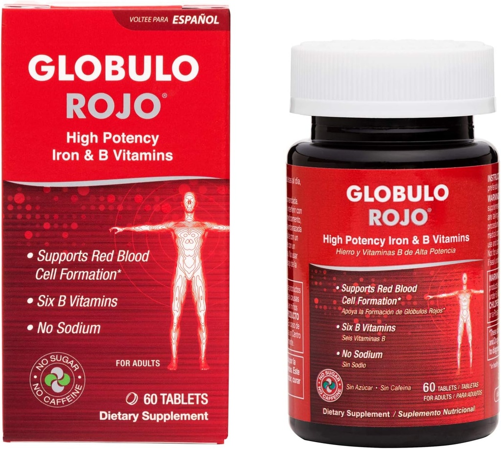 Globulo Rojo Iron Supplement - Yüksek Potency Iron & B Vitaminleri ile Diyetsel Supplement Pills, 60 Tablet