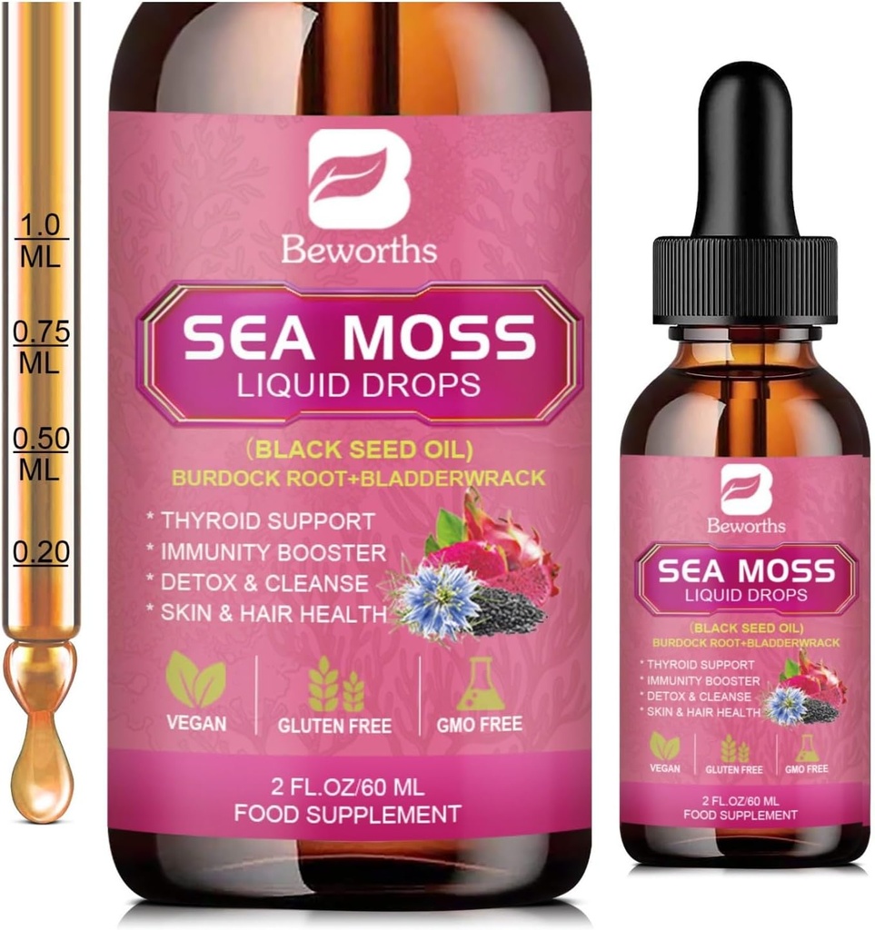 B BEWRTHS Sea Moss Liquid Drops - Black Seed Oil & Irish Sea Moss Gel με Burdock Root Bladderwrack, Elderberry, 6X Stronger Qrganic Seamoss Raw Supplement for Digestive, Hair Health - Vegan, 2 Fl.oz