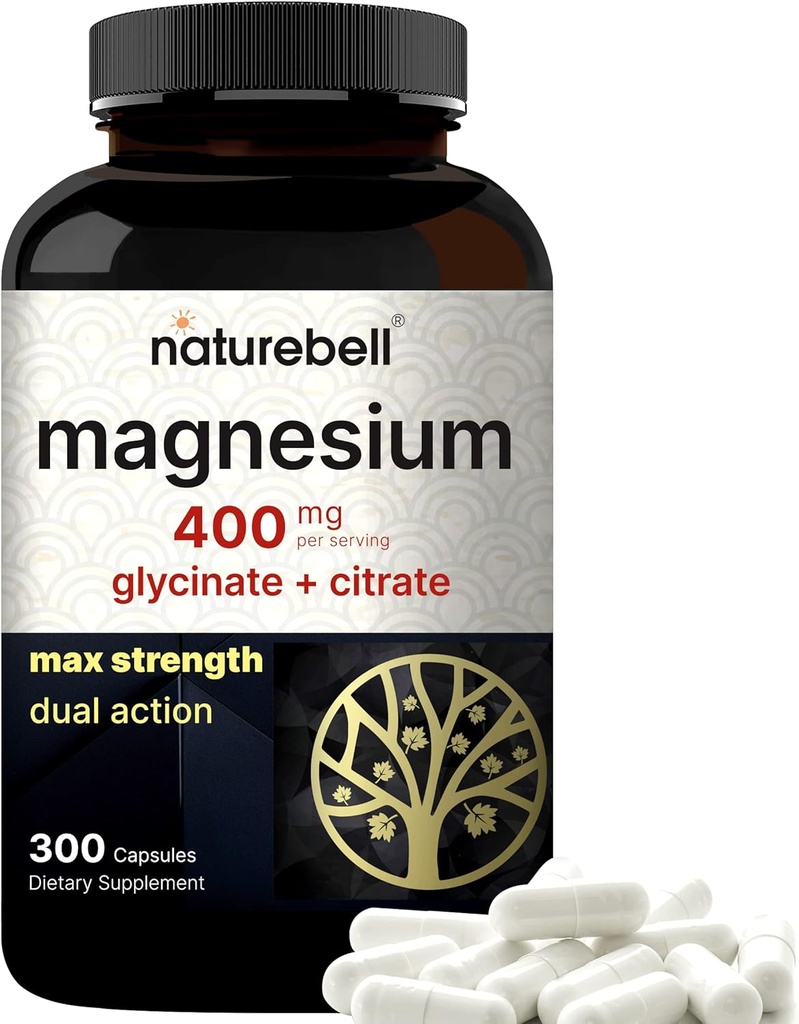 Magnezyum Kompleksi 400 mg, 300 Capsules | Glycinate, Citrate | Chelated & Purified | Bone, Heart & Digestion Support | Non-GMO